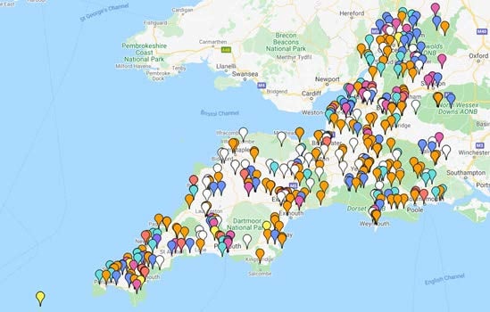 Map of the South West of England with coloured pins showing where AgriTech businesses are located