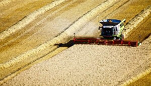 A large combine harvester in a field